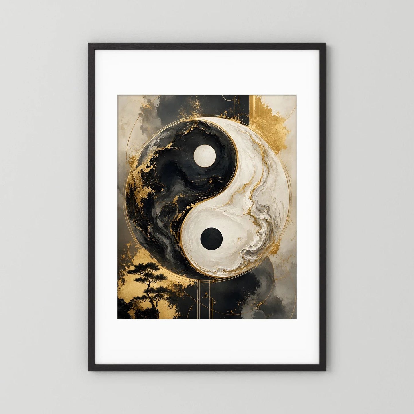 Wandbild im Hochformat mit Yin-Yang-Motiv in Schwarz, Weiß und Gold, schwarzer Rahmen mit weißer Einfassung
