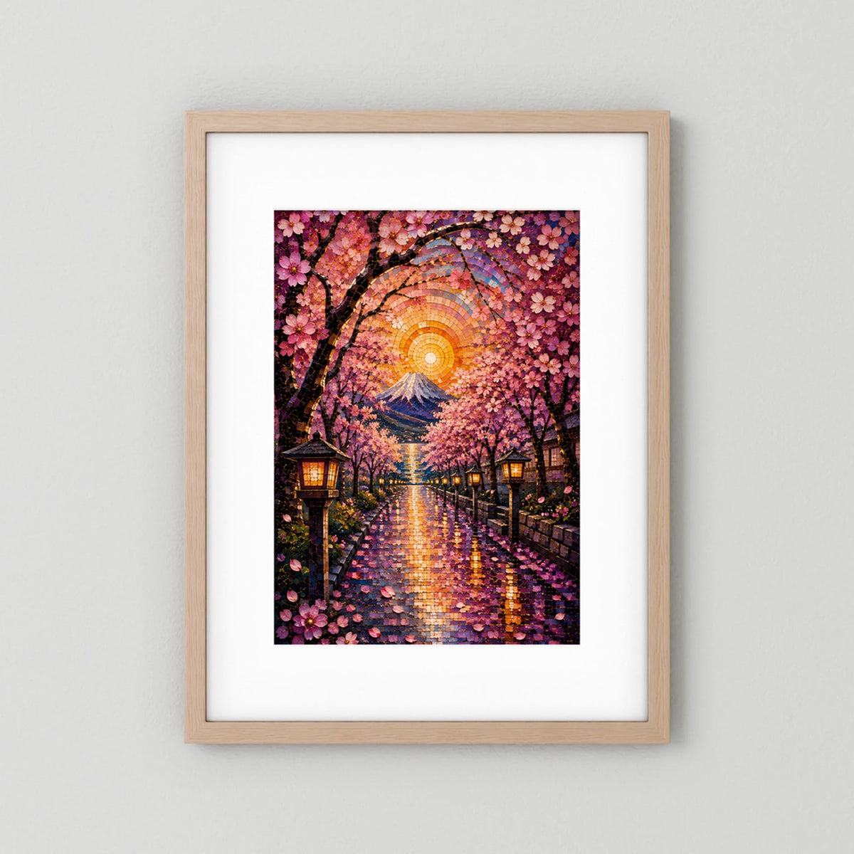 Kirschblütenweg zum Fuji | Japanisches Mosaik mit Sakura & Laternen | Poster Hochformat
