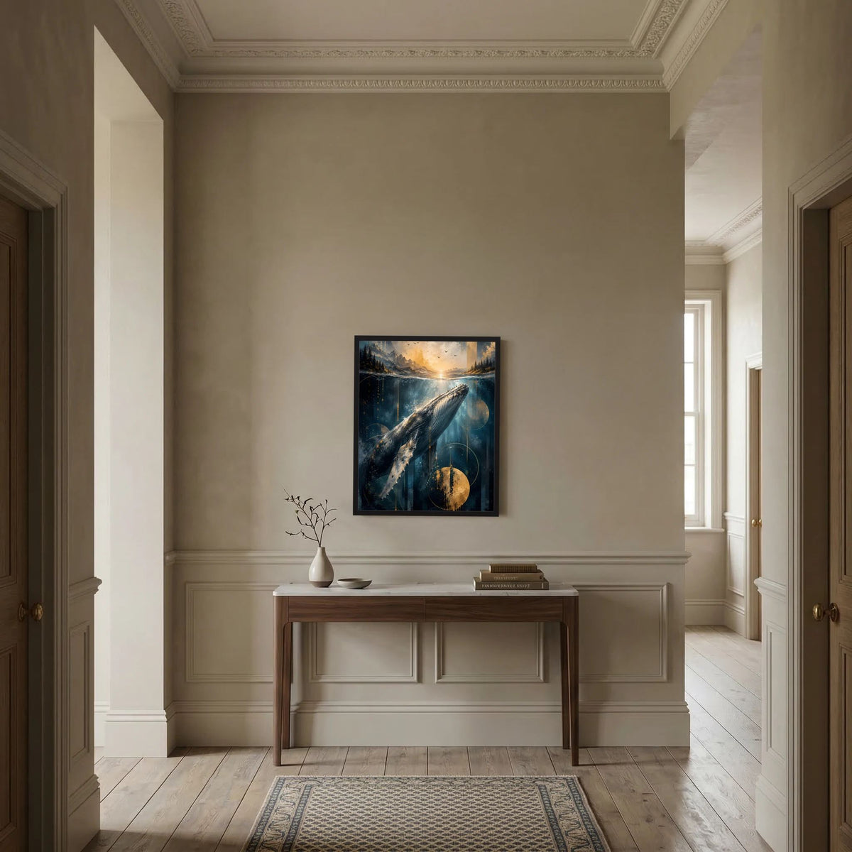 Gerahmtes Poster mit Wal unter Wasser, blaue Tiefe mit goldenem Licht