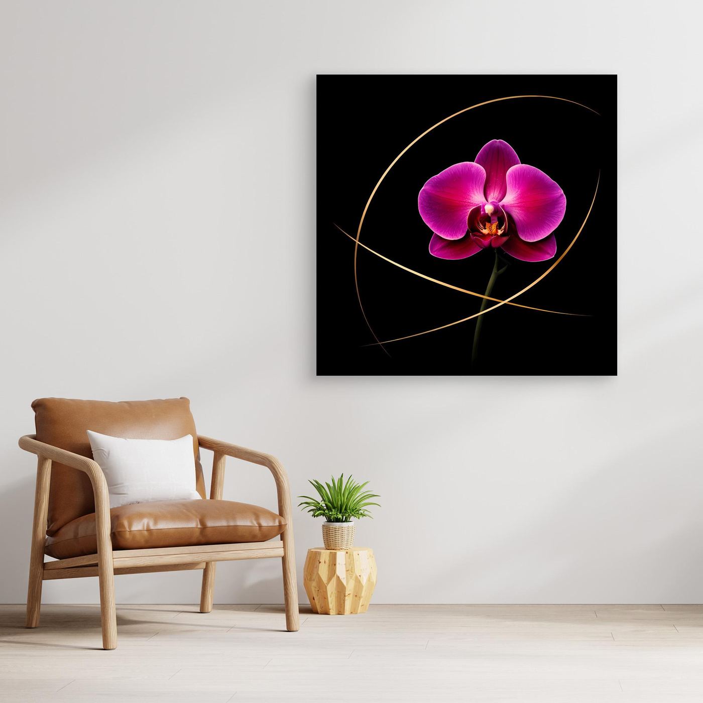 Leinwandbild Orchidee mit großen magenta Blüten und goldenen Linien, schwarzer Rahmen