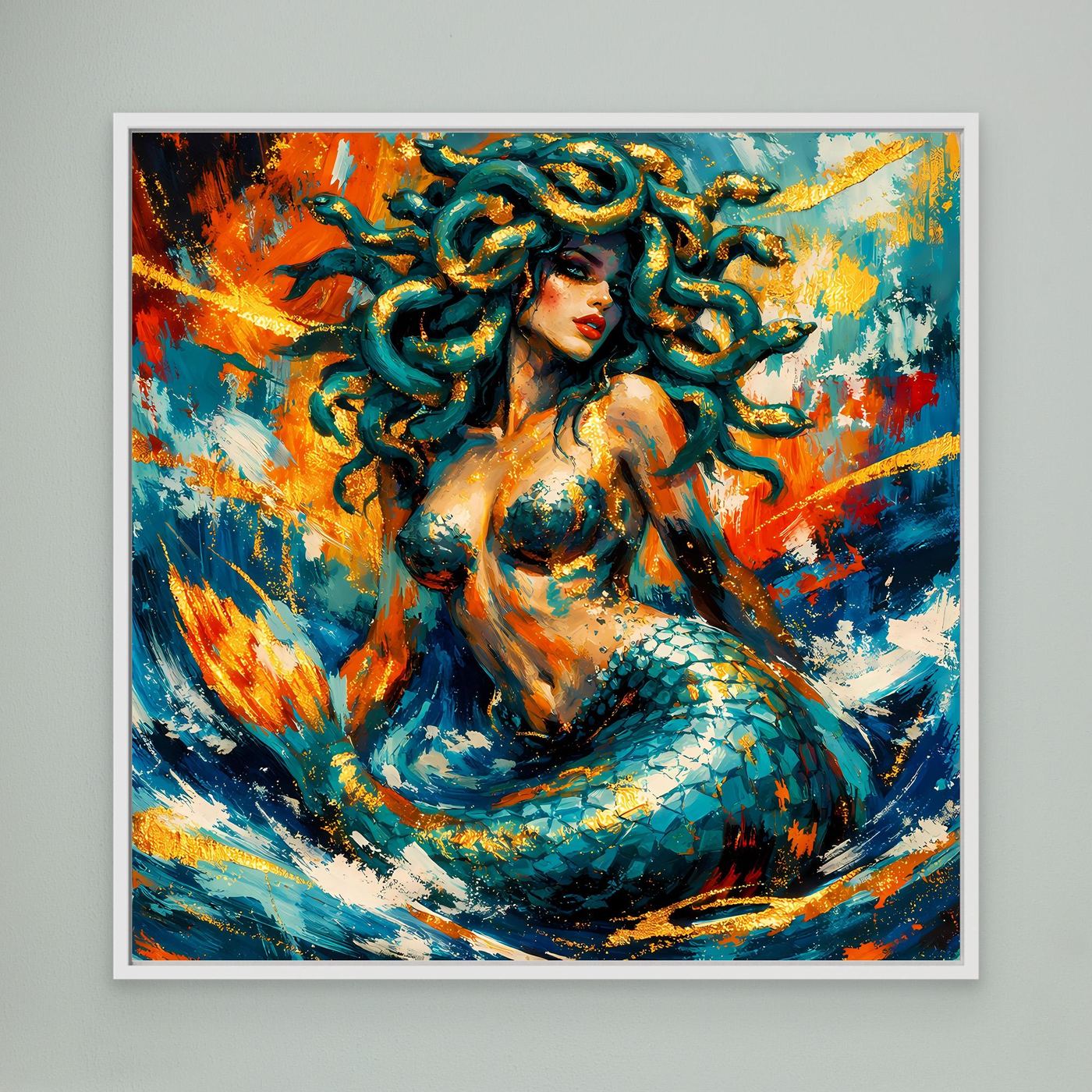 Gerahmtes Leinwandbild mit Medusa-Meerjungfrau, abstrakte Farben in Blau und Orange
