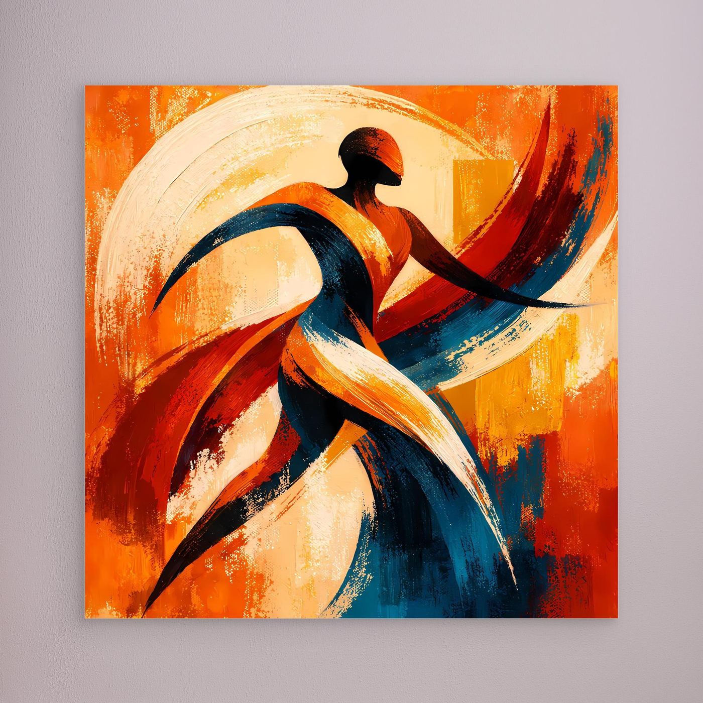 Leinwandbild mit abstrakter Tänzer-Silhouette in Rot-, Blau- und Orangetönen