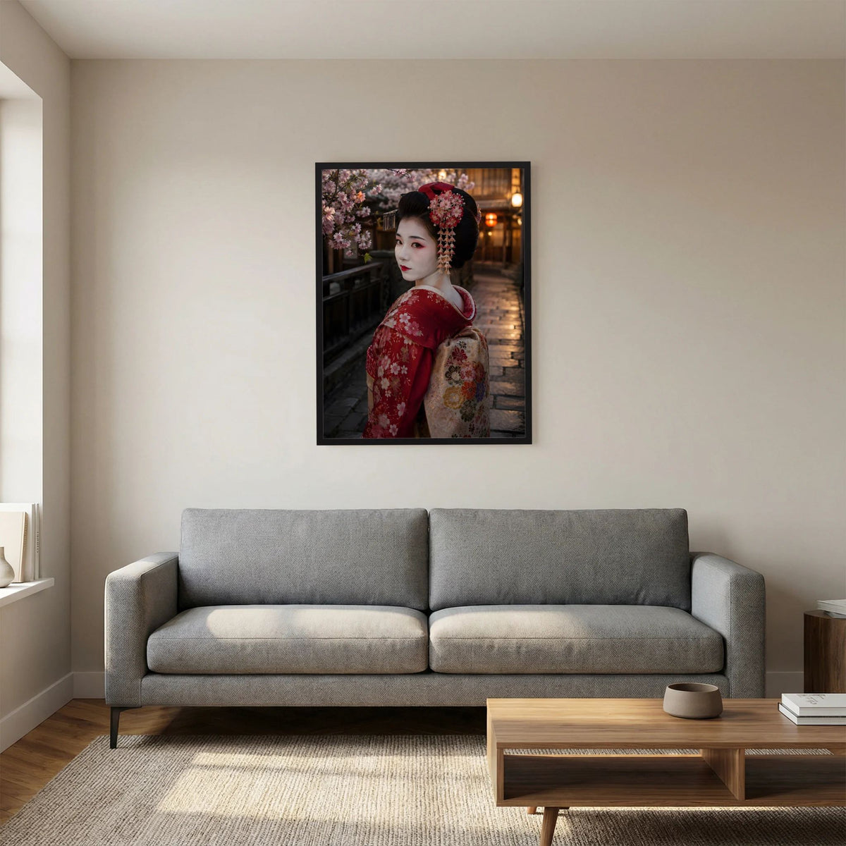 Poster mit Geisha im roten Kimono und Kirschblütenmotiv, schwarzer Rahmen