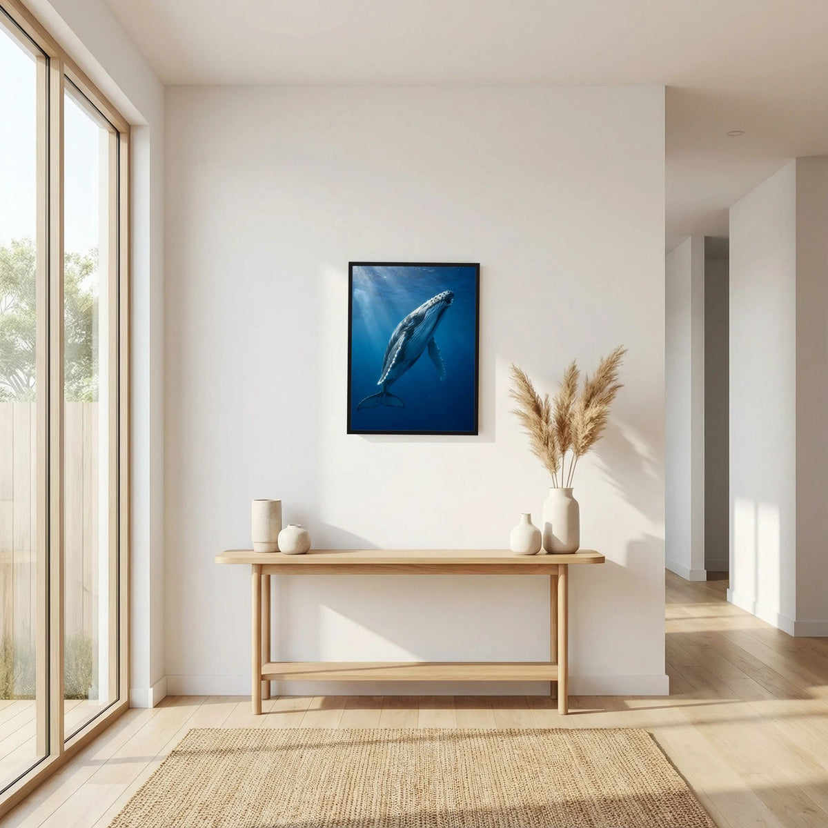 Hochformatiges Poster mit schwarzem Rahmen: Buckelwal unter Wasser