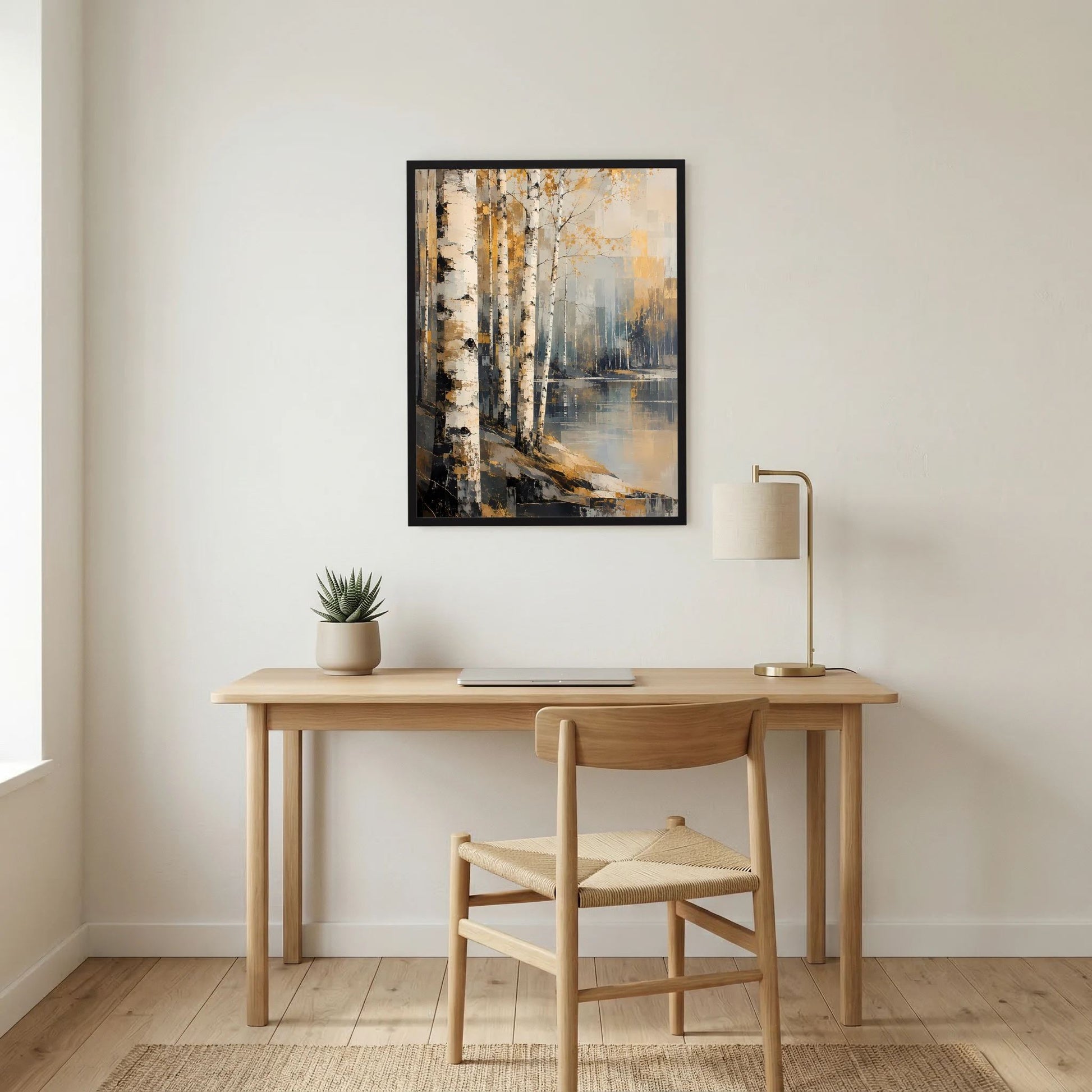 Wandposter mit abstraktem Birkenwald und Wasserfläche, Gold/Beige, schwarzer Rahmen