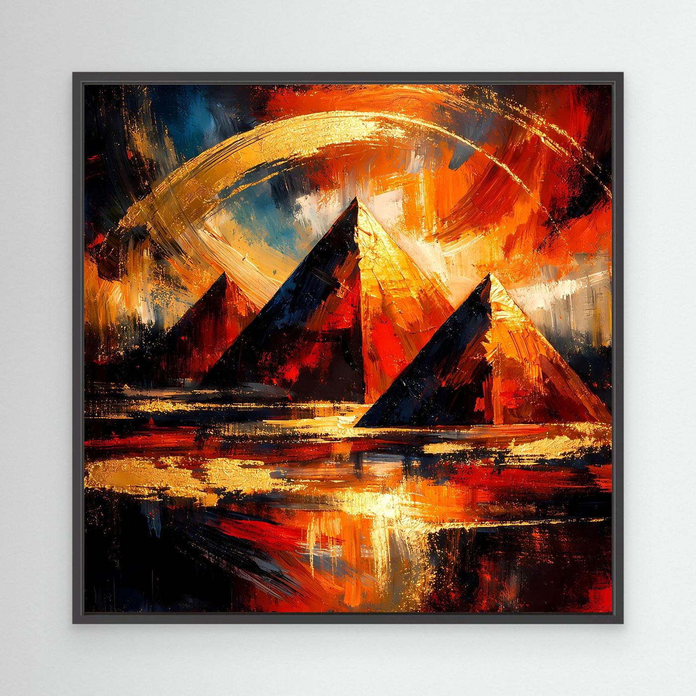 Leinwandbild mit abstrakten Pyramiden in Gold-Orange, im schwarzen Rahmen