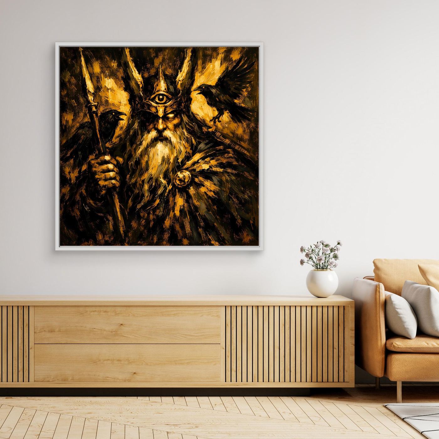 Leinwand Mythischer Allvater Odin in Goldoptik | Abstraktes Wikinger Götter Wandbild
