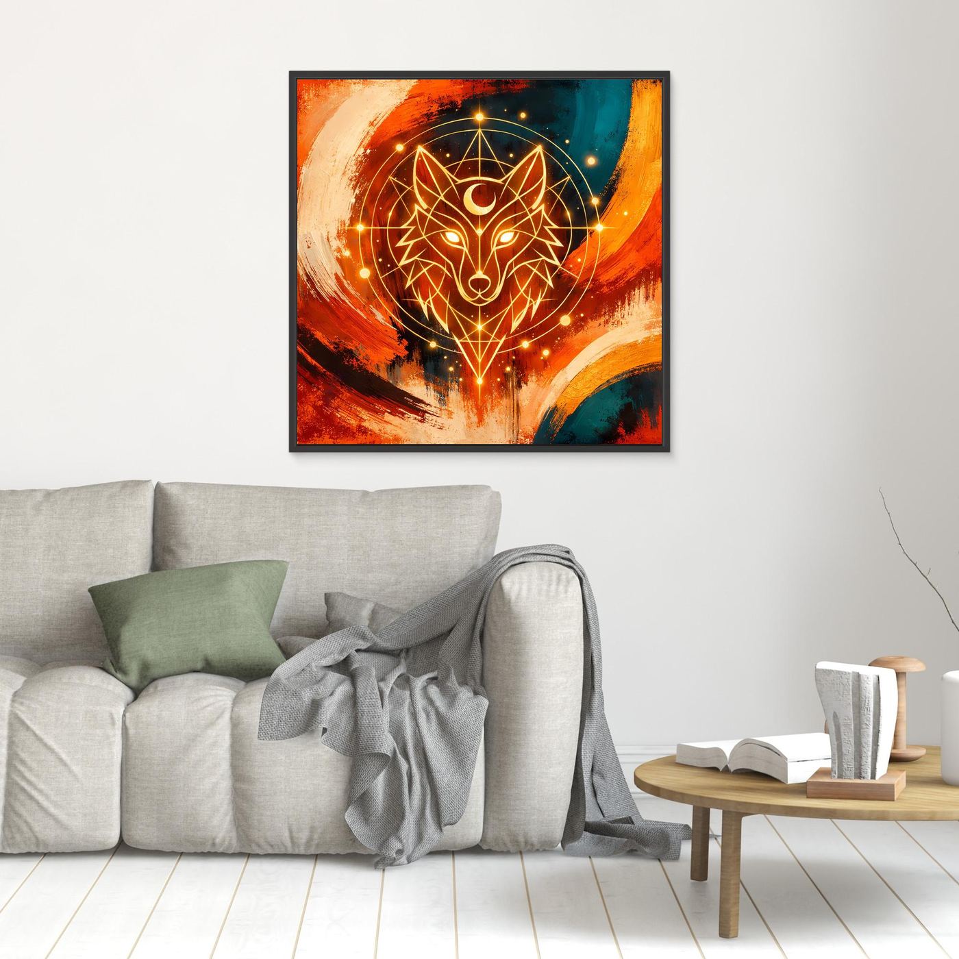 Gerahmtes Leinwandbild mit geometrischem Wolf in Orange/Blau und goldenen Lichtlinien, schwarzer Rahmen