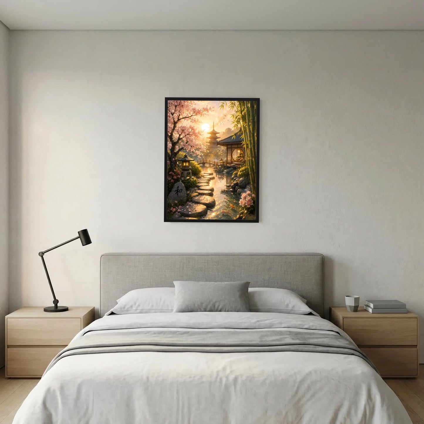 Hochformat-Poster mit Kirschblüten, Bambus und Gartenweg zur Pagode, schwarzer Rahmen