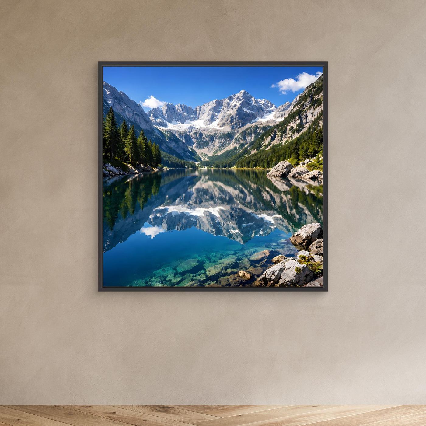Leinwandbild mit Bergsee und Alpenpanorama im Querformat, schwarzer Rahmen