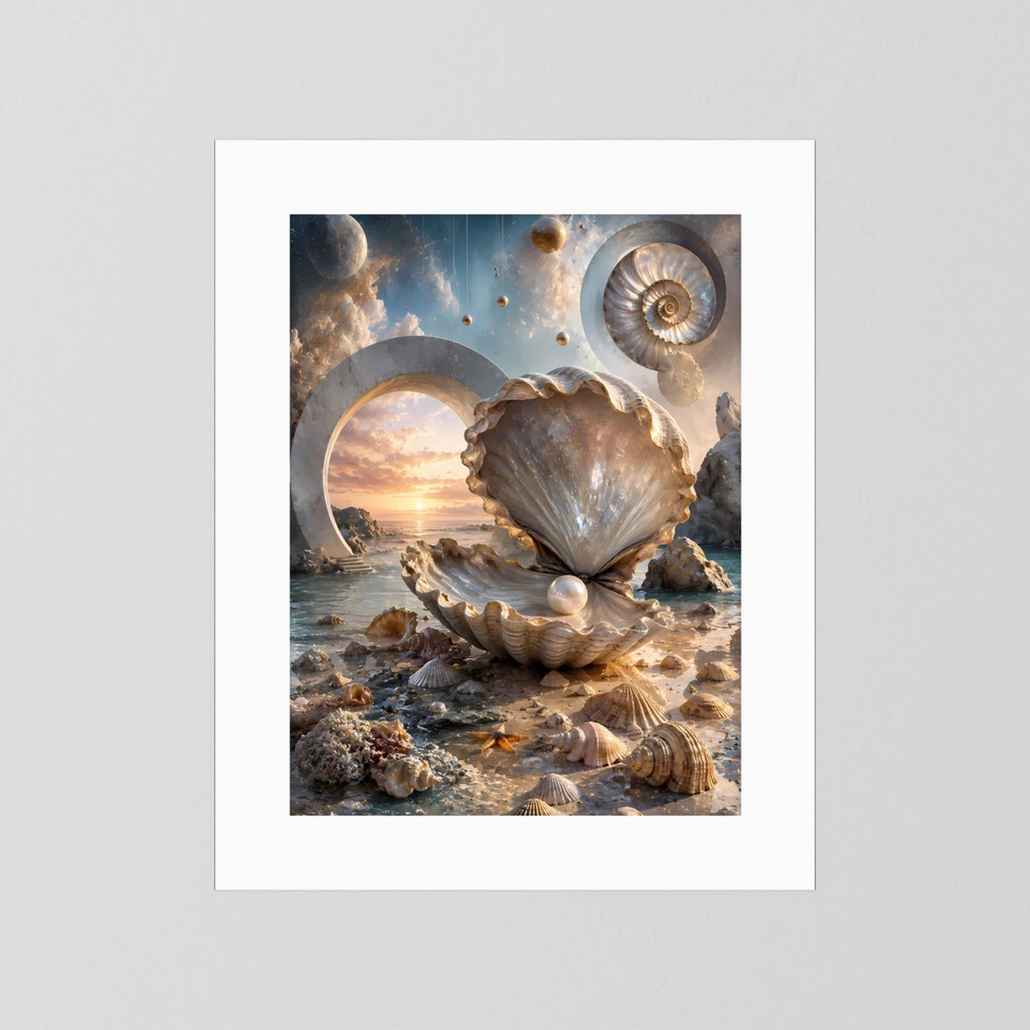 Hochformat-Poster mit Muschelmotiv in Creme und Gold, weiß eingefasst ohne Rahmen