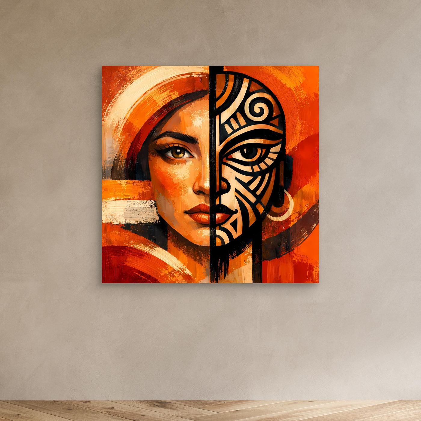 Leinwandbild mit Frauenporträt und Maskenhälfte, orange/rot, schwarz-grafische Muster, schwarzer Rahmen