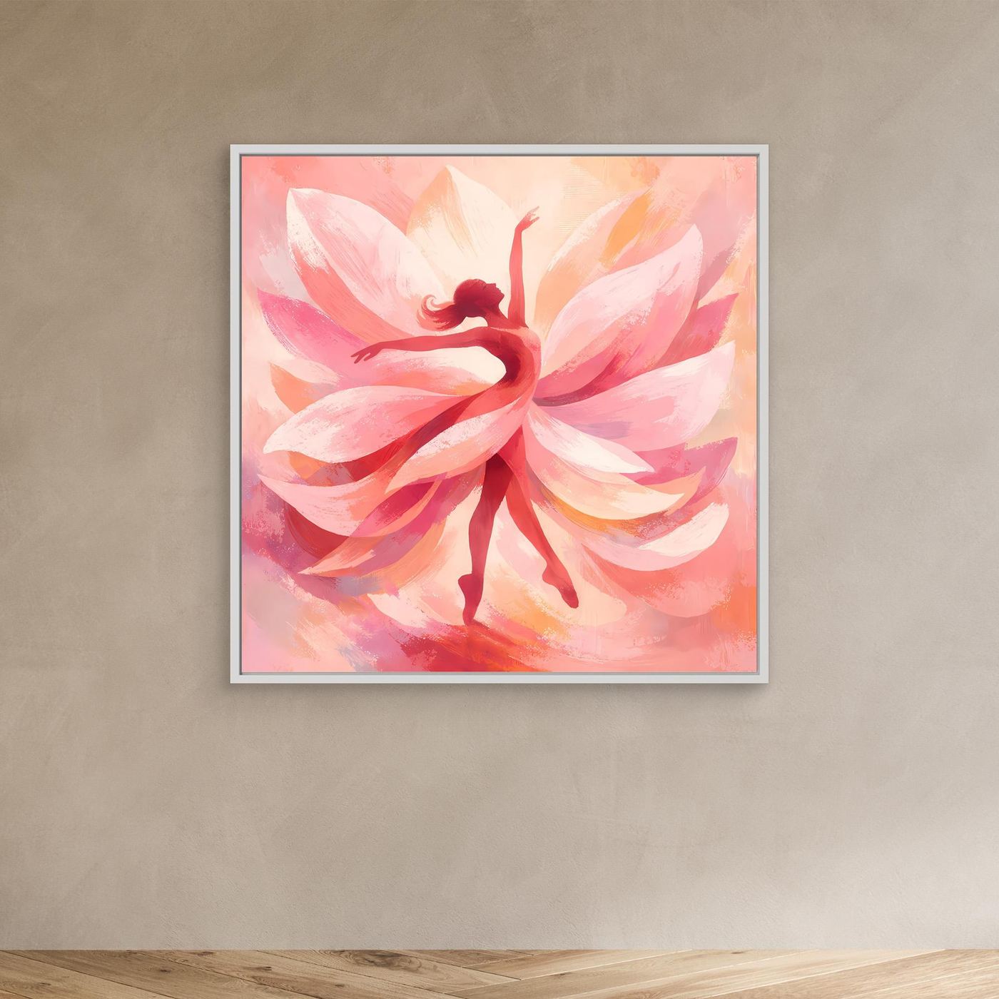 Leinwandbild mit abstrakter Tänzerin zwischen rosa Blütenblättern, beiger Rahmen