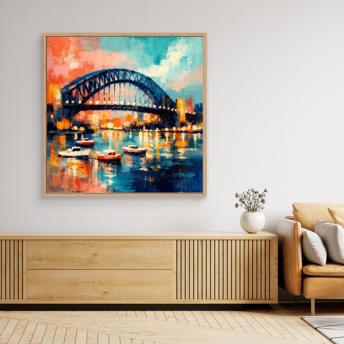 Leinwand-Wandbild mit Brücke über dem Hafen bei Nacht: Boote, Spiegelungen und kräftige Blau-Orange-Töne
