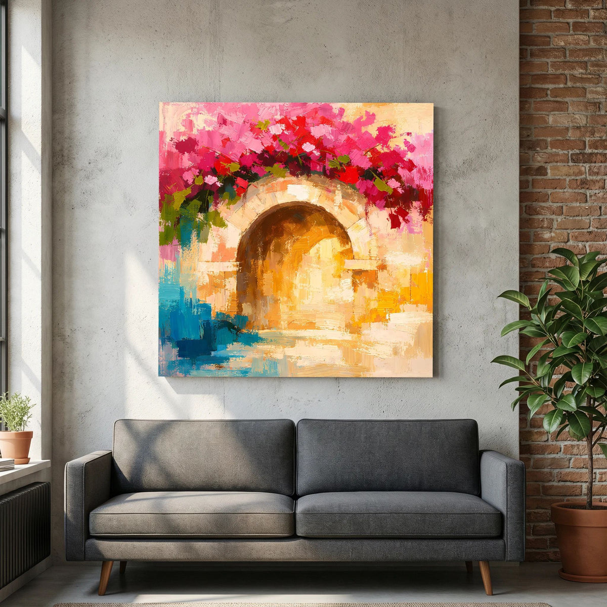 Leinwand-Wandbild mit abstraktem Torbogen, kräftigen Pink- und Blautönen, Holzrahmen