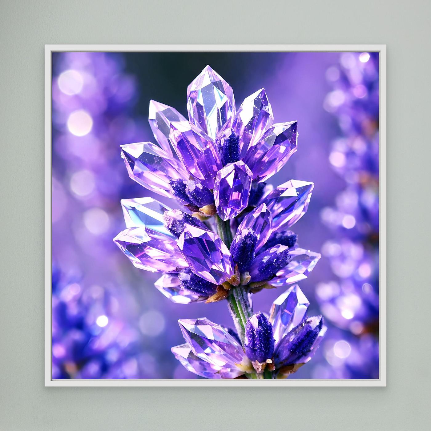 Leinwandbild mit violettem Kristallblütenmotiv, weißer Rahmen
