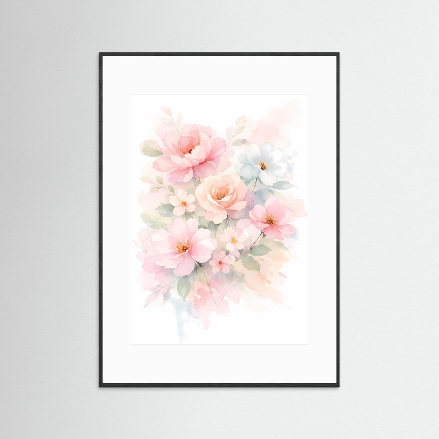 Poster mit Aquarell-Blumenbouquet in Pastellfarben, schwarzer Rahmen