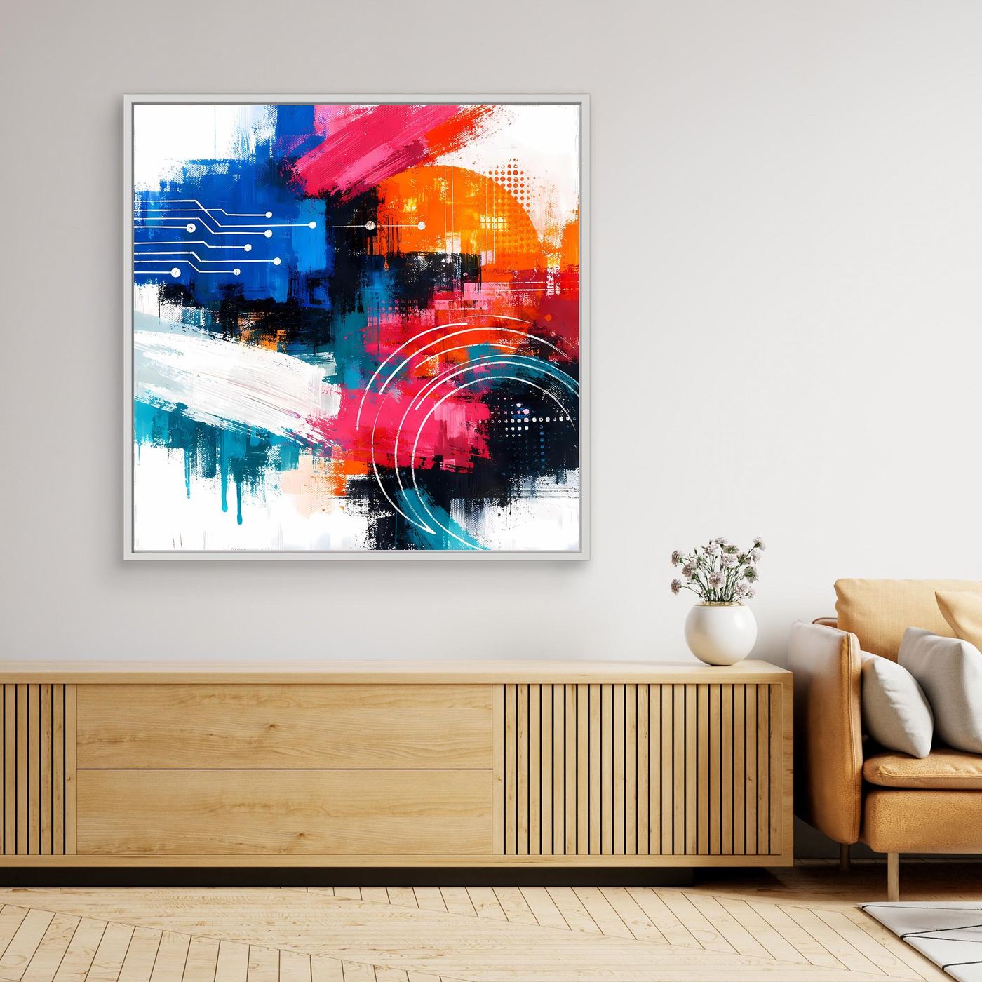 Framed abstract canvas artwork with blue, red, orange and geometric circuitry lines