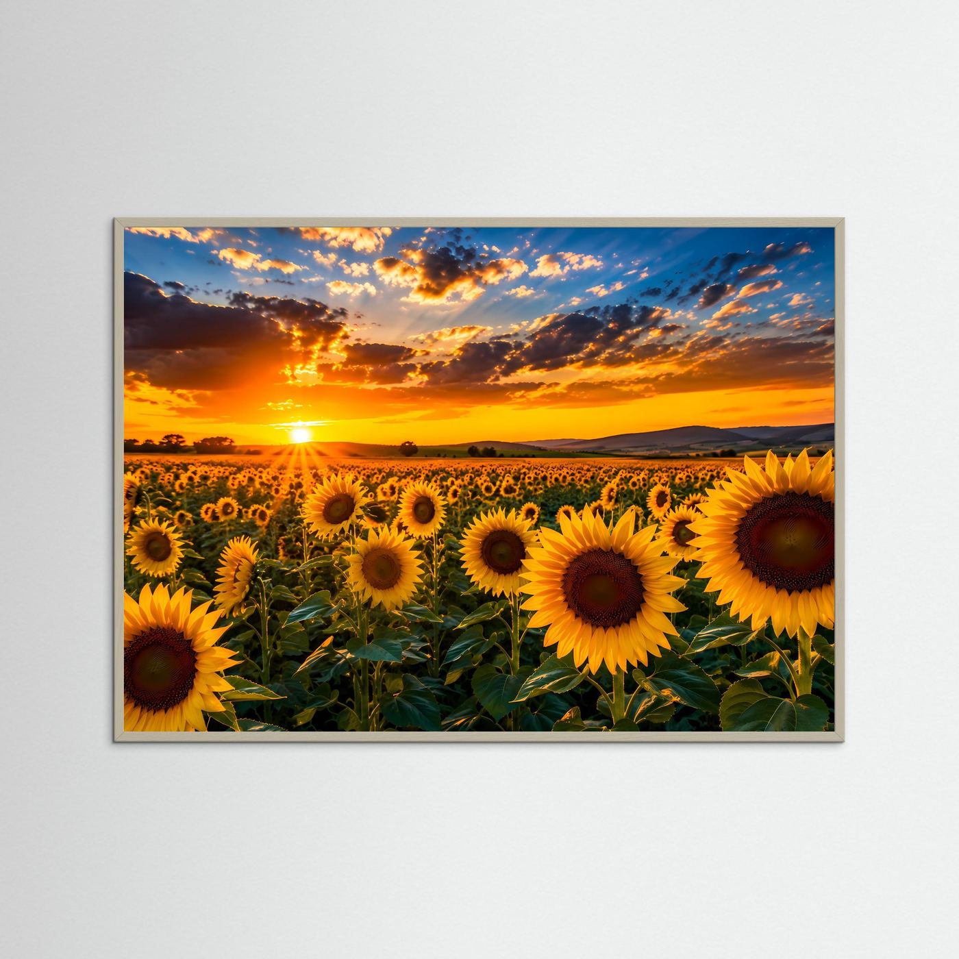 Sonnenblumen-Poster im Querformat mit brauner Rahmenkante und Sonnenuntergang