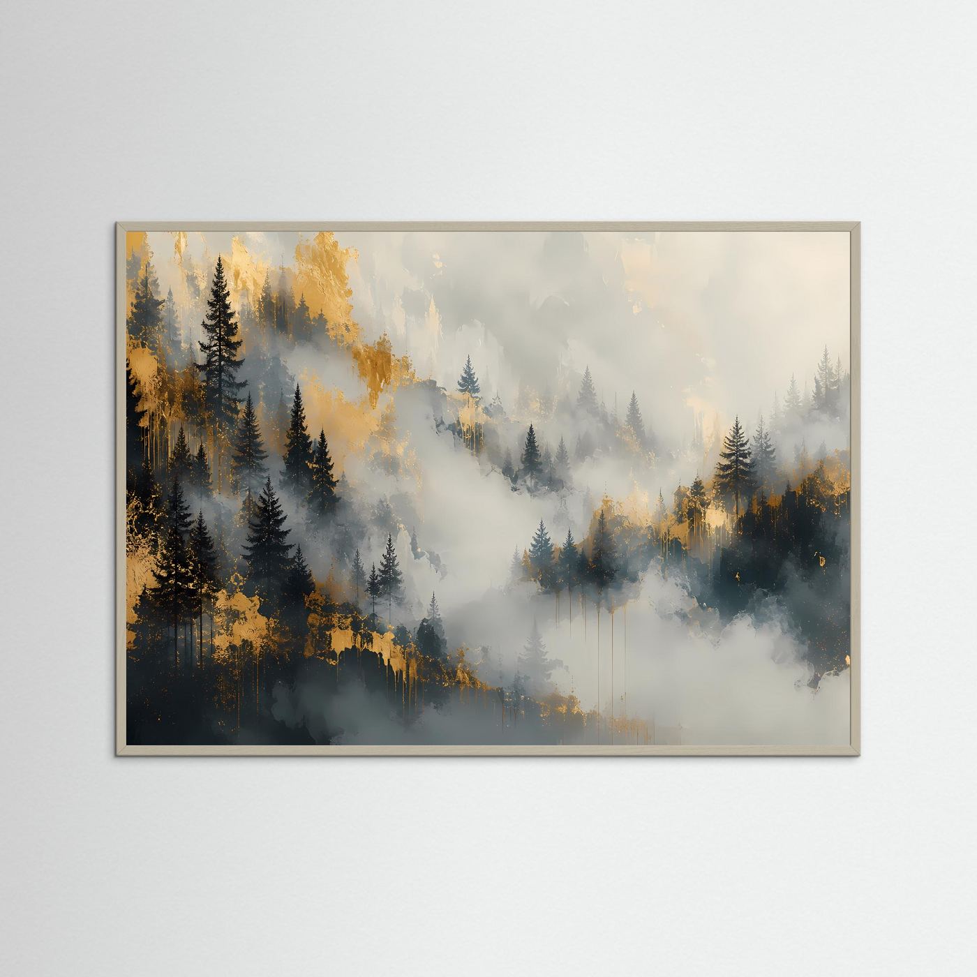 Nebelwald Poster | Mystischer Wald mit Gold | Abstrakte Landschaft Wandkunst | Elegantes Modernes Natur Wandbild