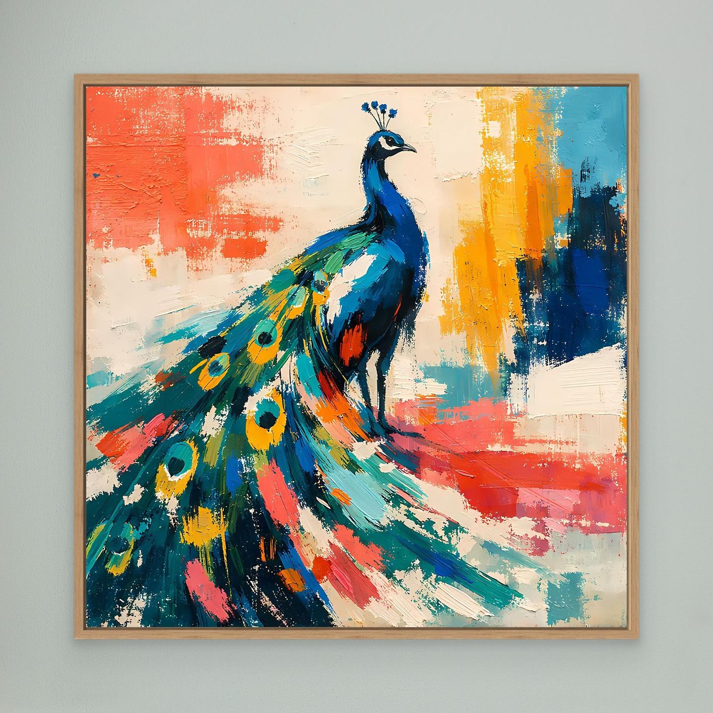 Peacock abstract wall canvas art in a light wood frame, blue peacock and colorful tail