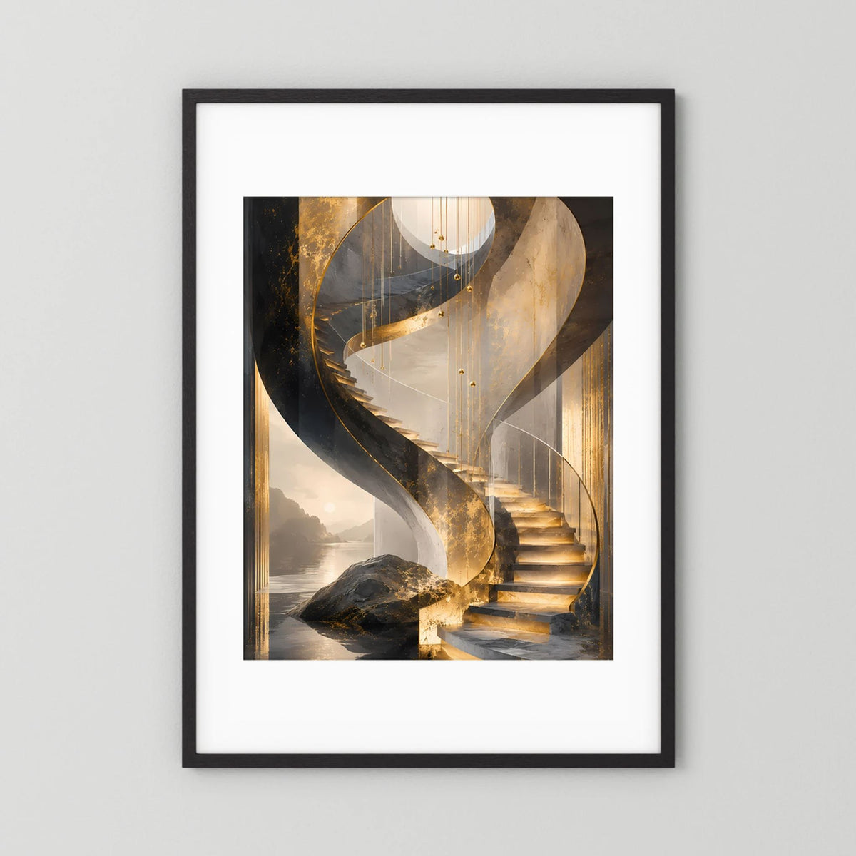 Poster im Hochformat mit schwarzem Rahmen und weißer Umrandung, goldene Spiraltreppe
