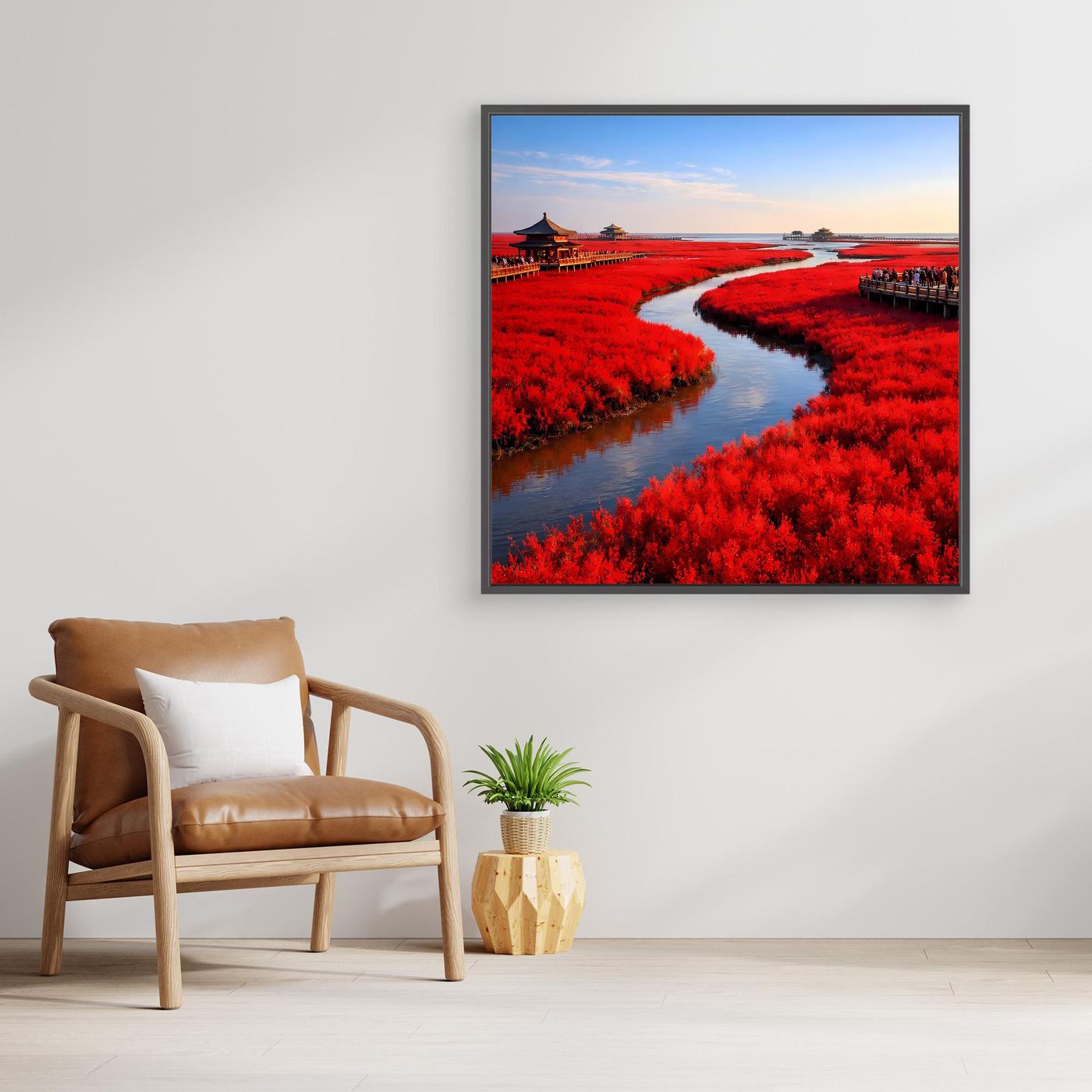 Leinwandbild mit rotem Fluss und roter Ufervegetation, mit schwarzem Rahmen.
