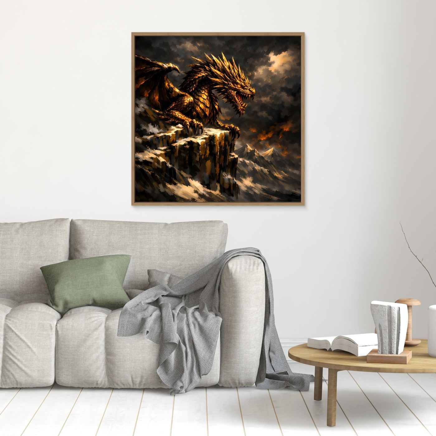 Leinwand Goldener Drache auf Felsgipfel | Episches Fantasy-Wandbild auf Keilrahmen