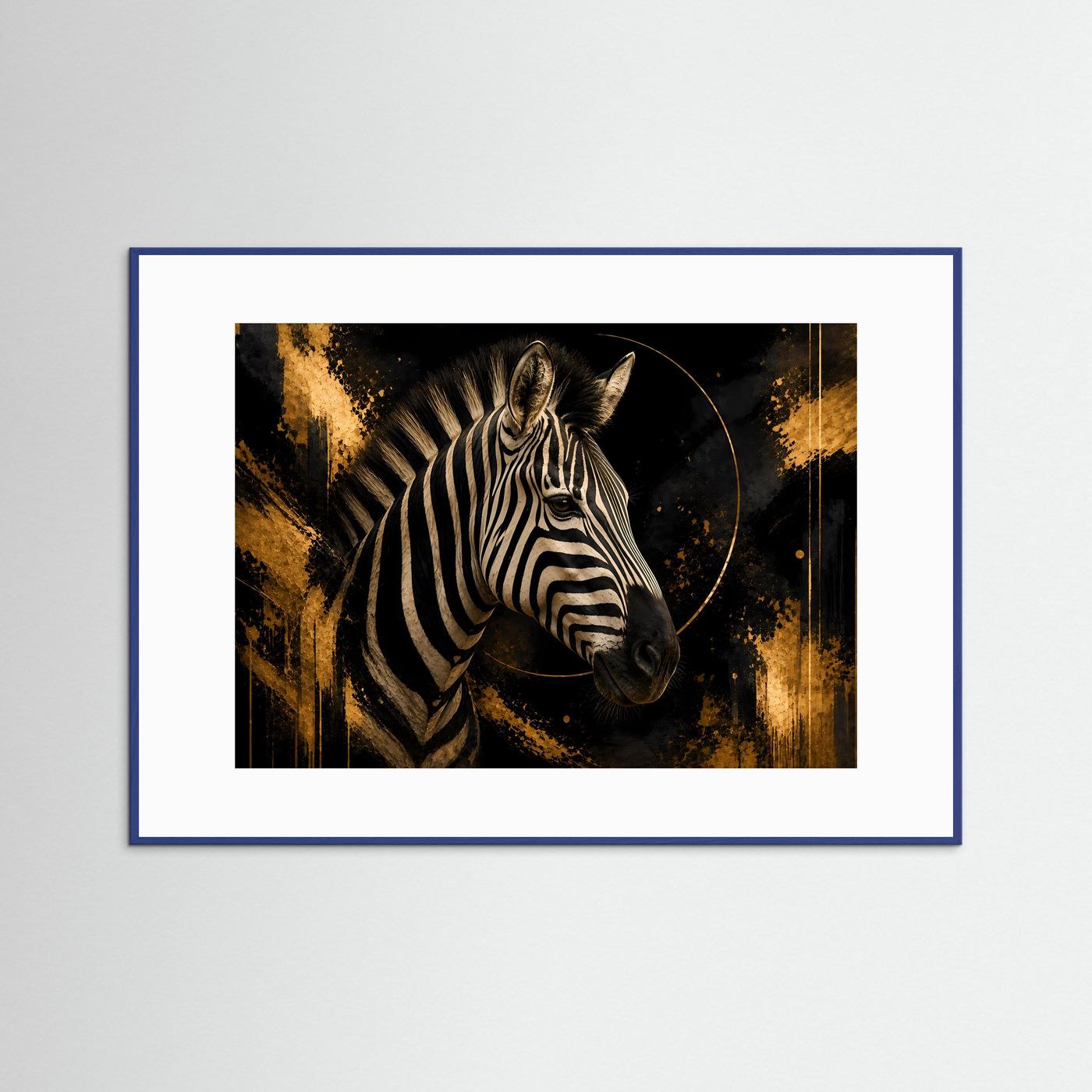 Zebrawandbild mit goldenem Zebra im Kreismotiv, blau gerahmt