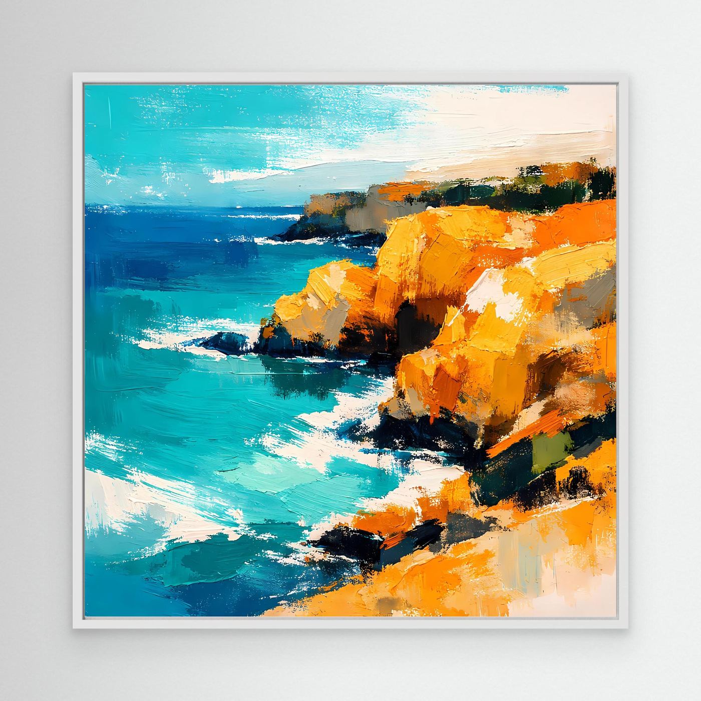 Leinwand Abstraktes Steilküsten Gemälde | Modernes Mediterranes Meeres Wandbild Blau Gelb