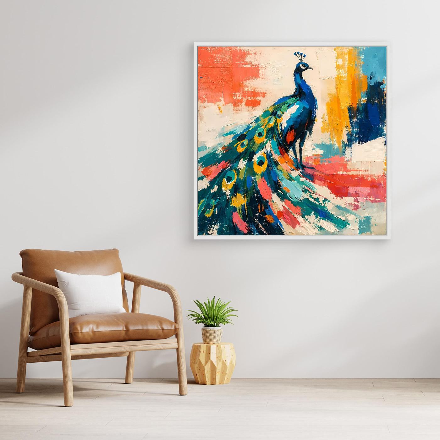 Unframed abstract peacock wall art canvas featuring a blue peacock in multicolor strokes
