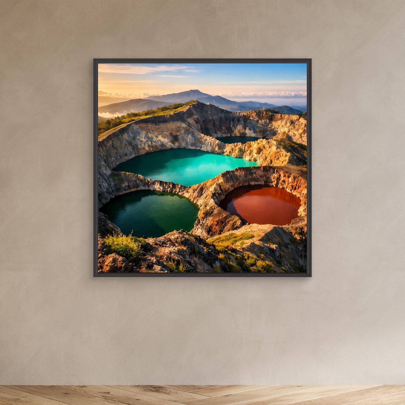 Leinwandbild mit Vulkanlandschaft und Kraterseen, im schwarzen Rahmen