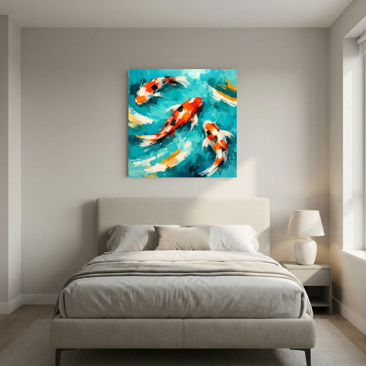 Keilrahmenbild mit Koi-Karpfen im türkisfarbenen Wasser, orange-weiße Fische auf Keilrahmen