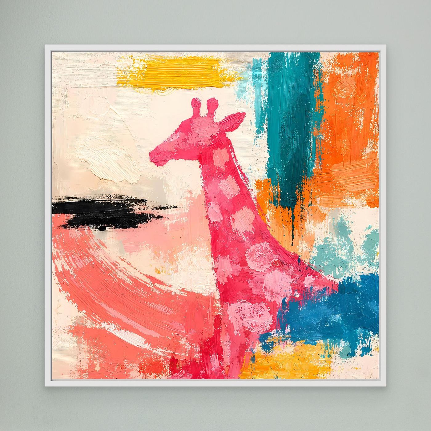 Leinwandbild mit abstrakter Giraffe in Pink und bunten Farbstreifen, weiß gerahmt