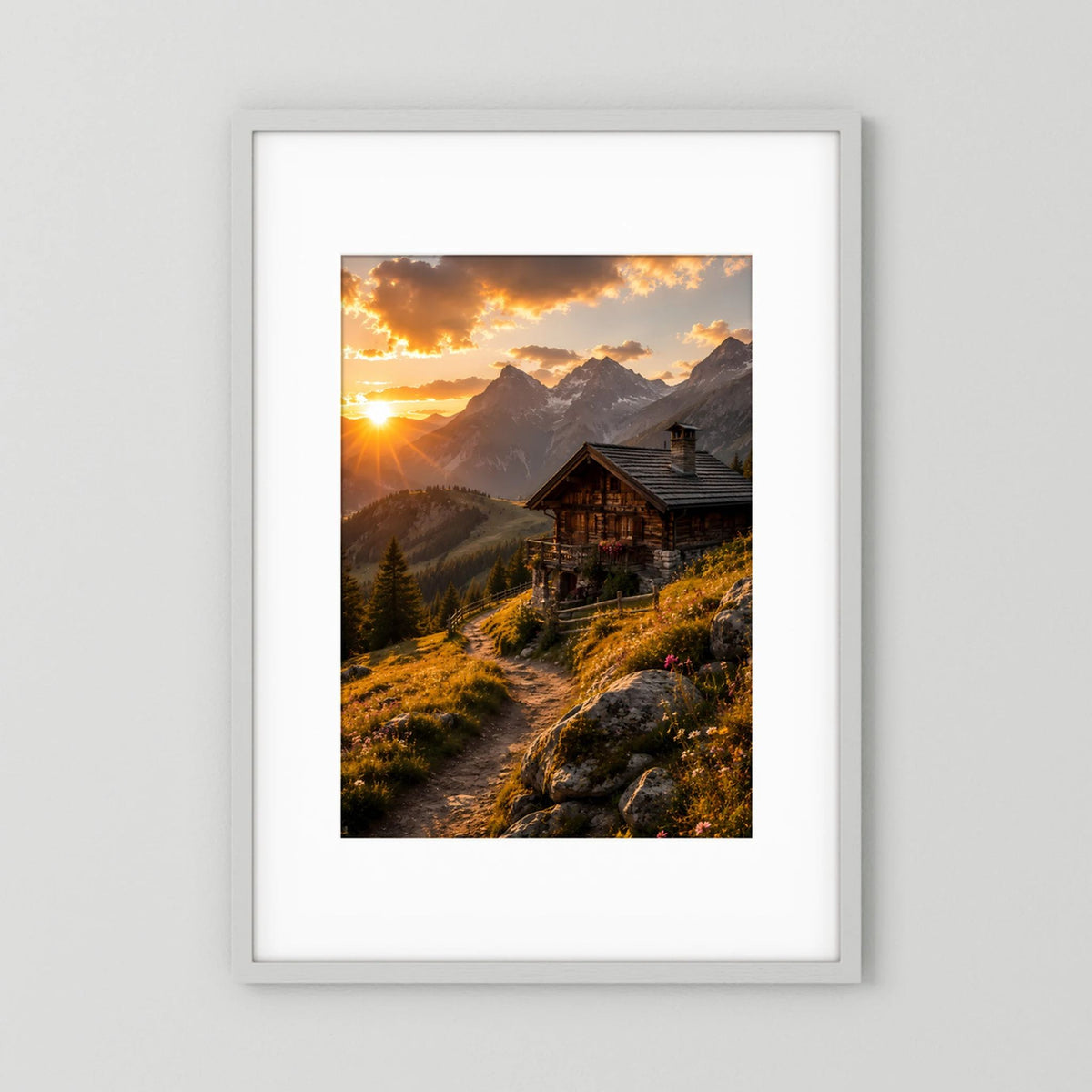 Gerahmtes Poster im Hochformat mit Berghütte im Sonnenuntergang über Bergpfad