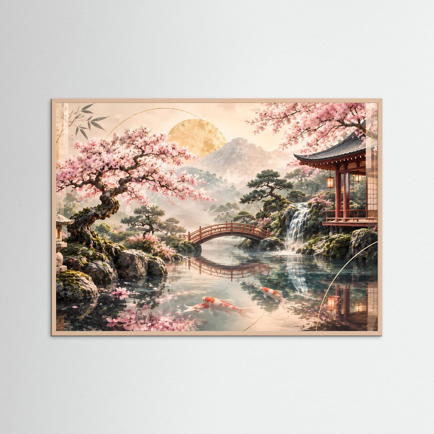Zen-Garten-Poster im Querformat mit rosafarbenem Rahmen; Kirschblüten, Koi-Teich, Tempel
