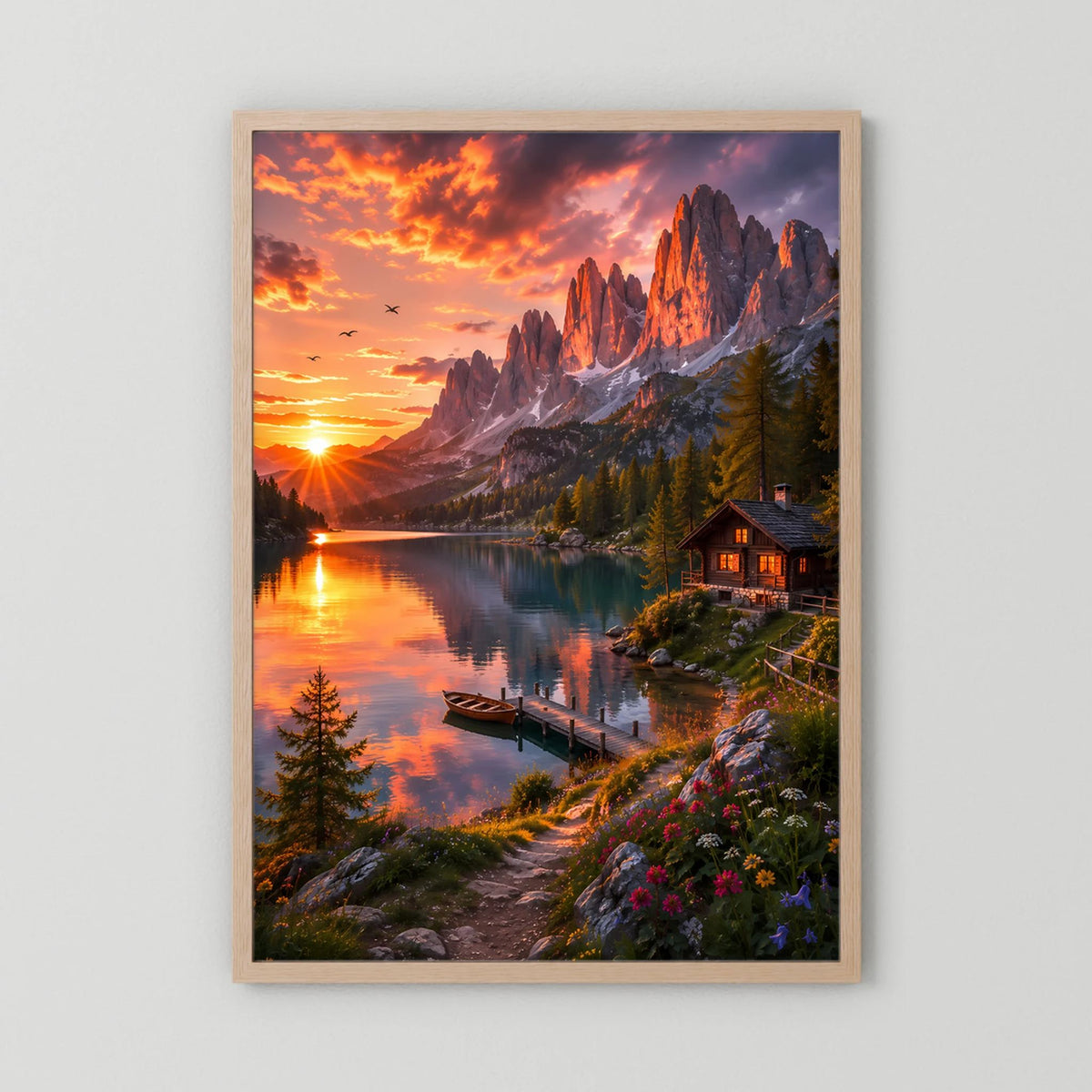 Hochformatiges Poster mit Sonnenuntergang über Bergen, See und Berghütte, Holzrahmen (hell)