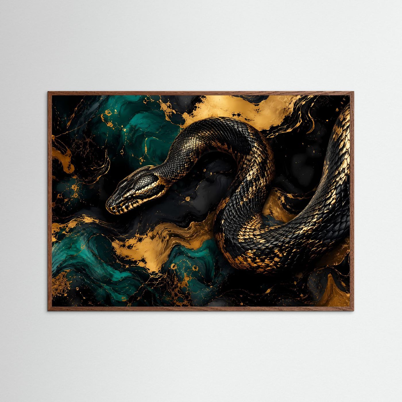 Majestätische Schlange in Gold & Schwarz | Modernes Wandbild mit Fluid Art & Tier-Motiv