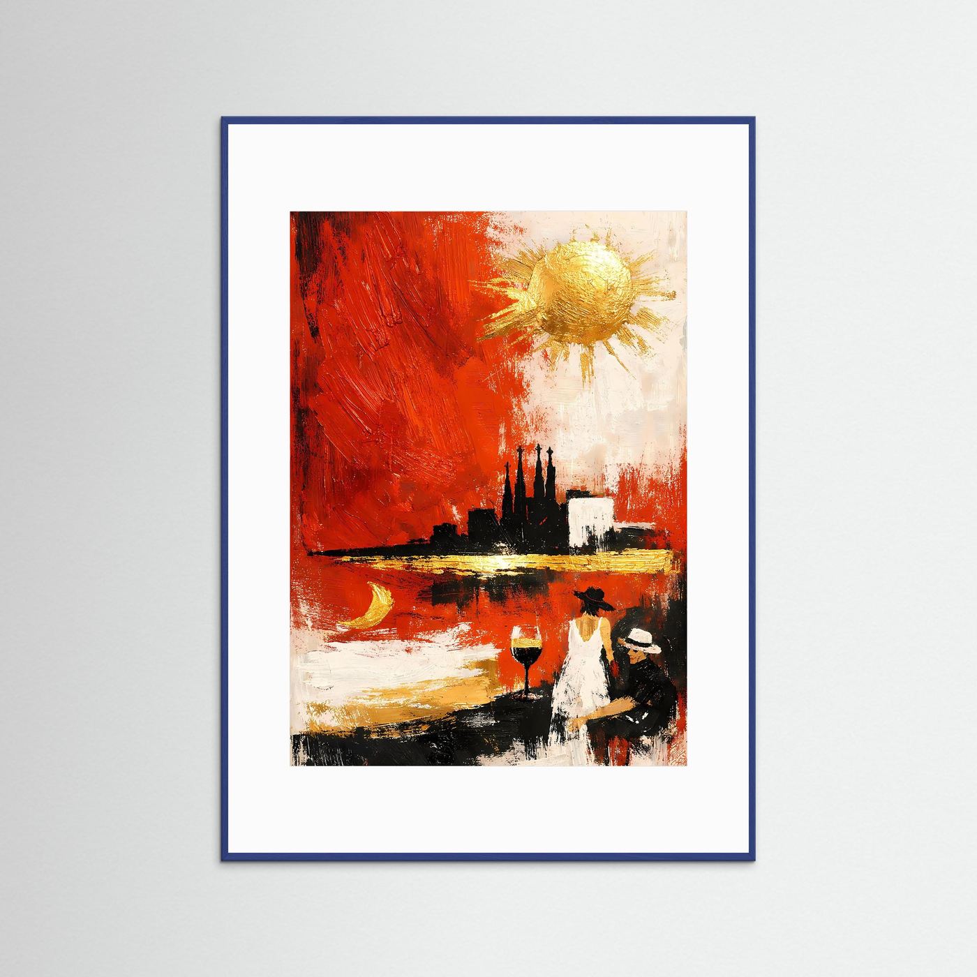Kunstposter abstrakte Skyline: feuerrot-goldene Sonne, blau gerahmt