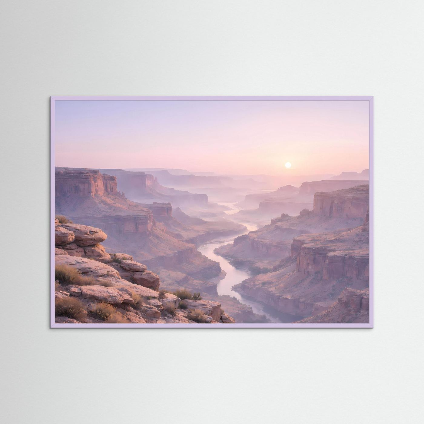 Canyon-Wandbild im Rahmen, Panoramaansicht mit Schlucht und Sonnenaufgang