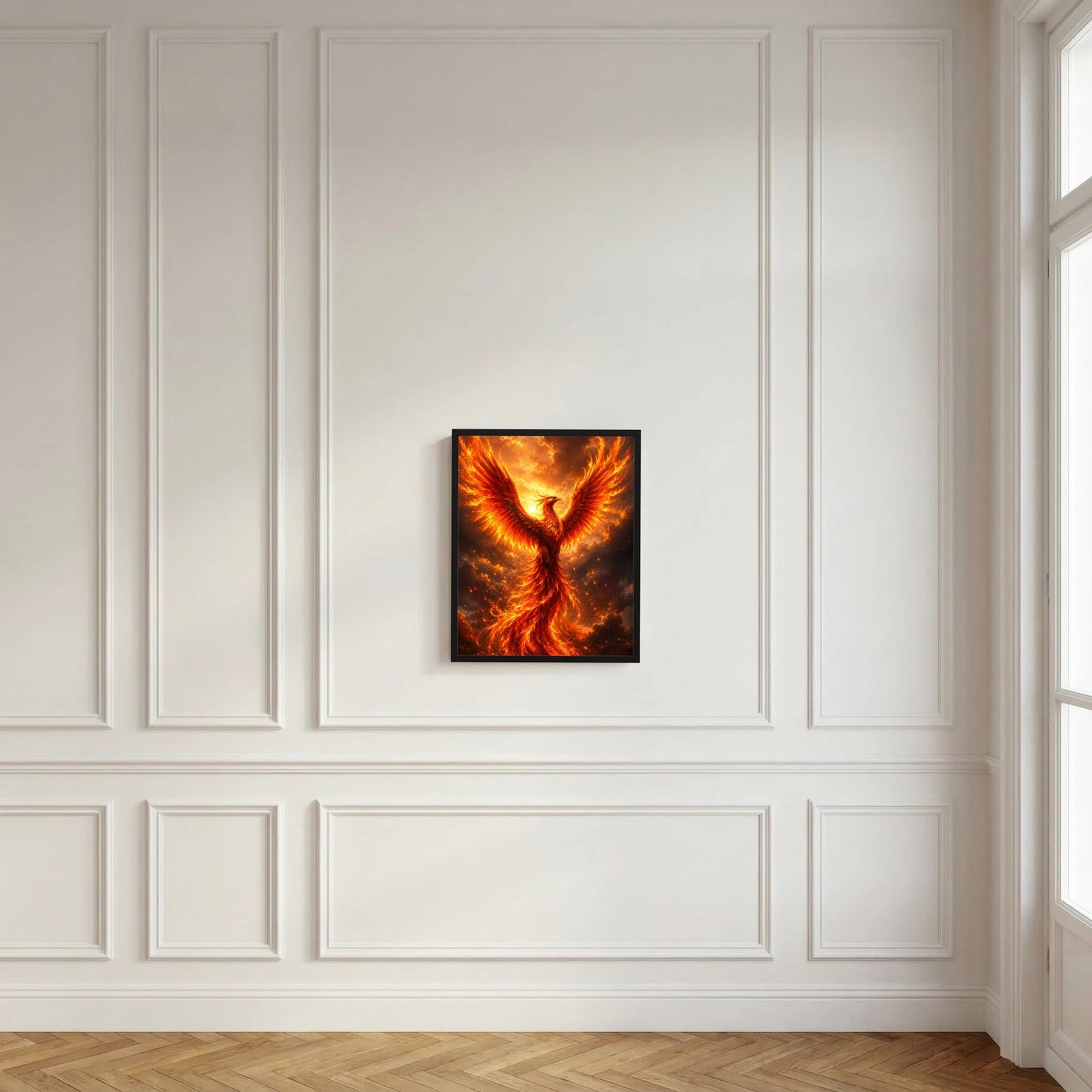 Wand-Poster im Rahmen: Flammen-Phönix, züngelnde Flügel gegen dunkles Glutfeld