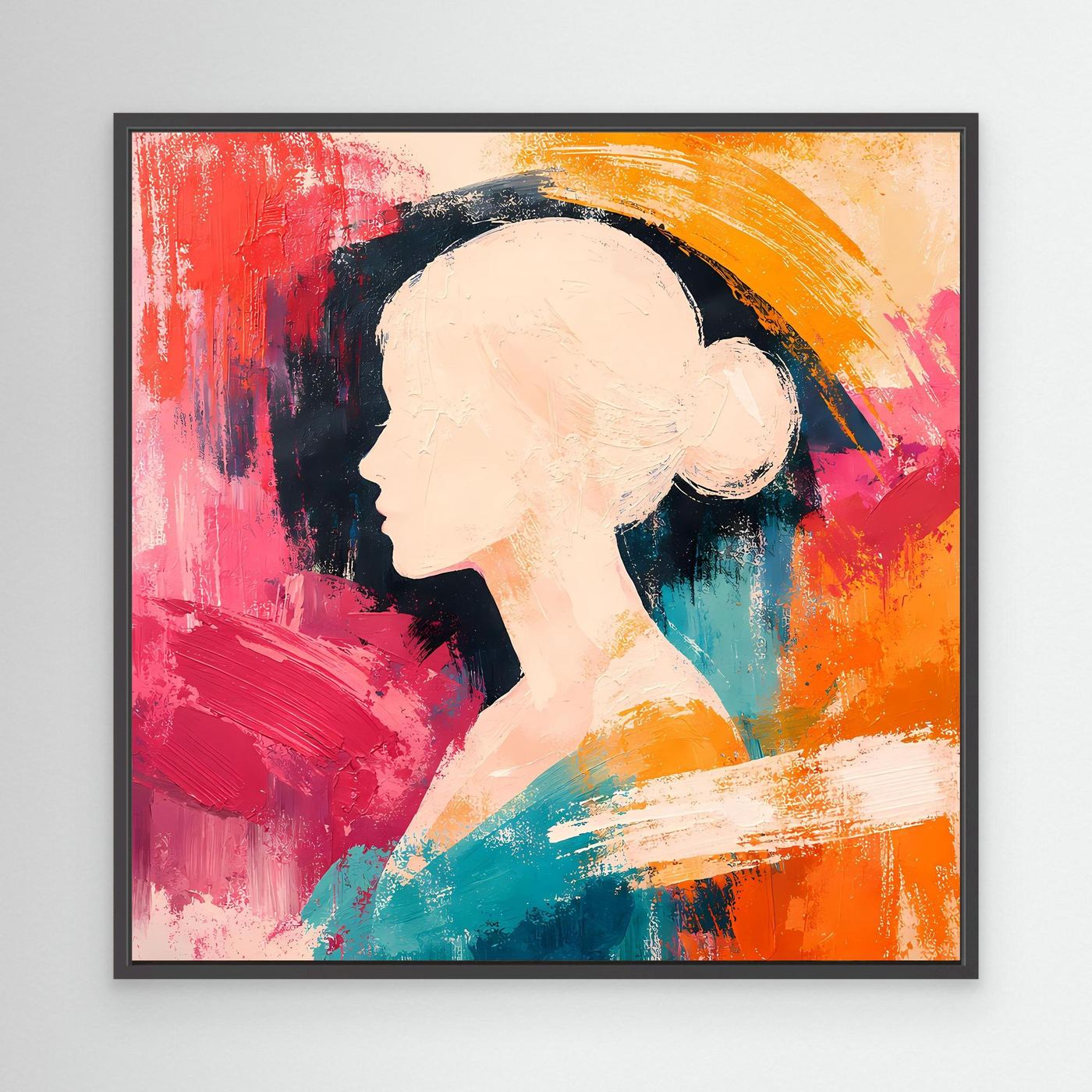 Abstract women portrait canvas with colorful silhouette and hat-shaped hair, black frame
