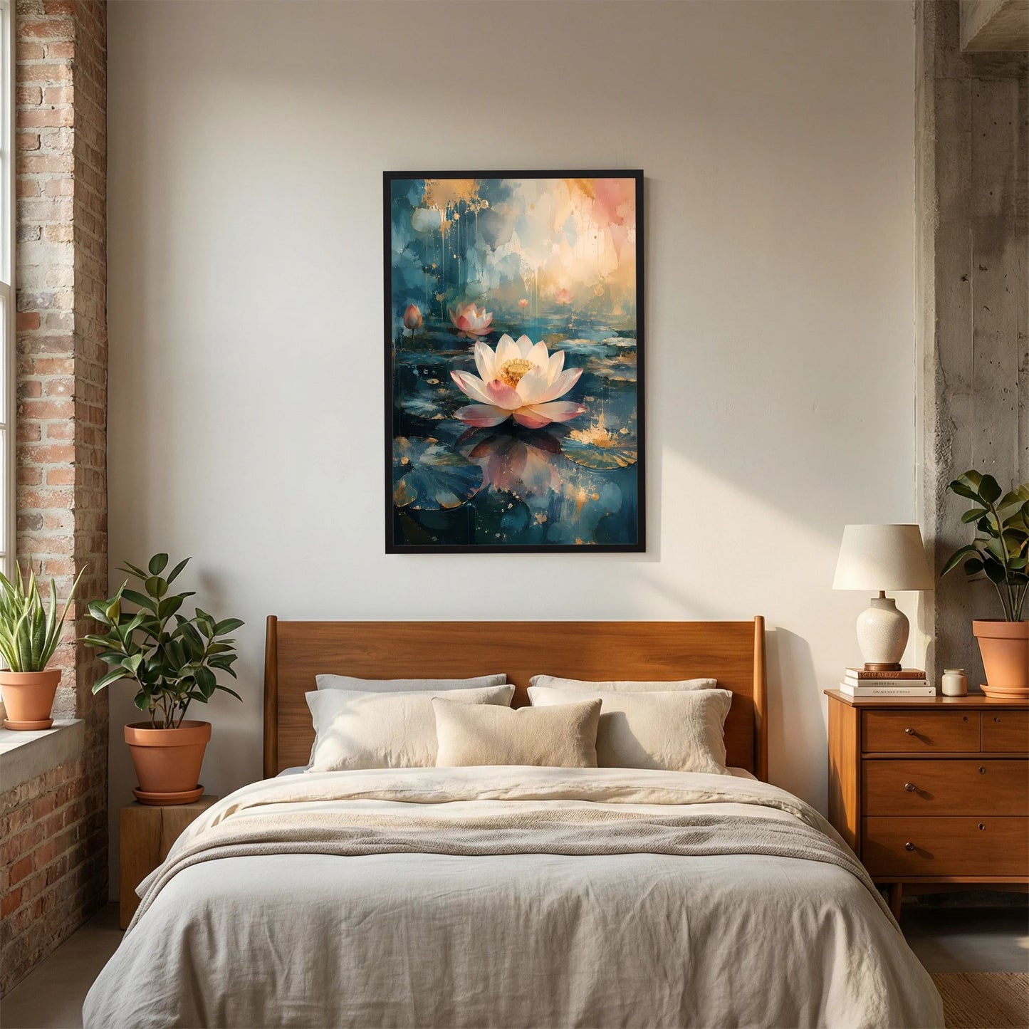 Hochformatiges Lotus-Kunstposter im schwarzen Rahmen, einzelne Lotusblüte auf blau-goldenem Motiv