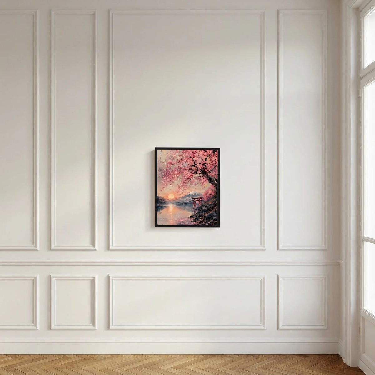 Poster im Hochformat mit rosa Kirschblüten, Fuji-Landschaft und Torii, Sonnenuntergang