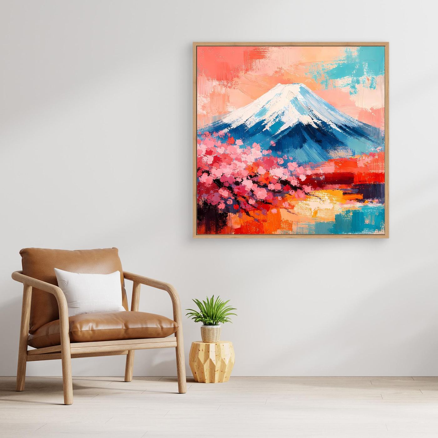 Gerahmtes Leinwand-Wandbild: Fuji-Landschaft abstrakt, rosa Blütenband, blaues Gebirge, orange Akzente.