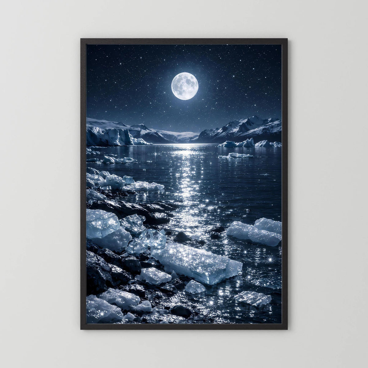 Wandbild im schwarzen Rahmen: Vollmond über arktischem Meer