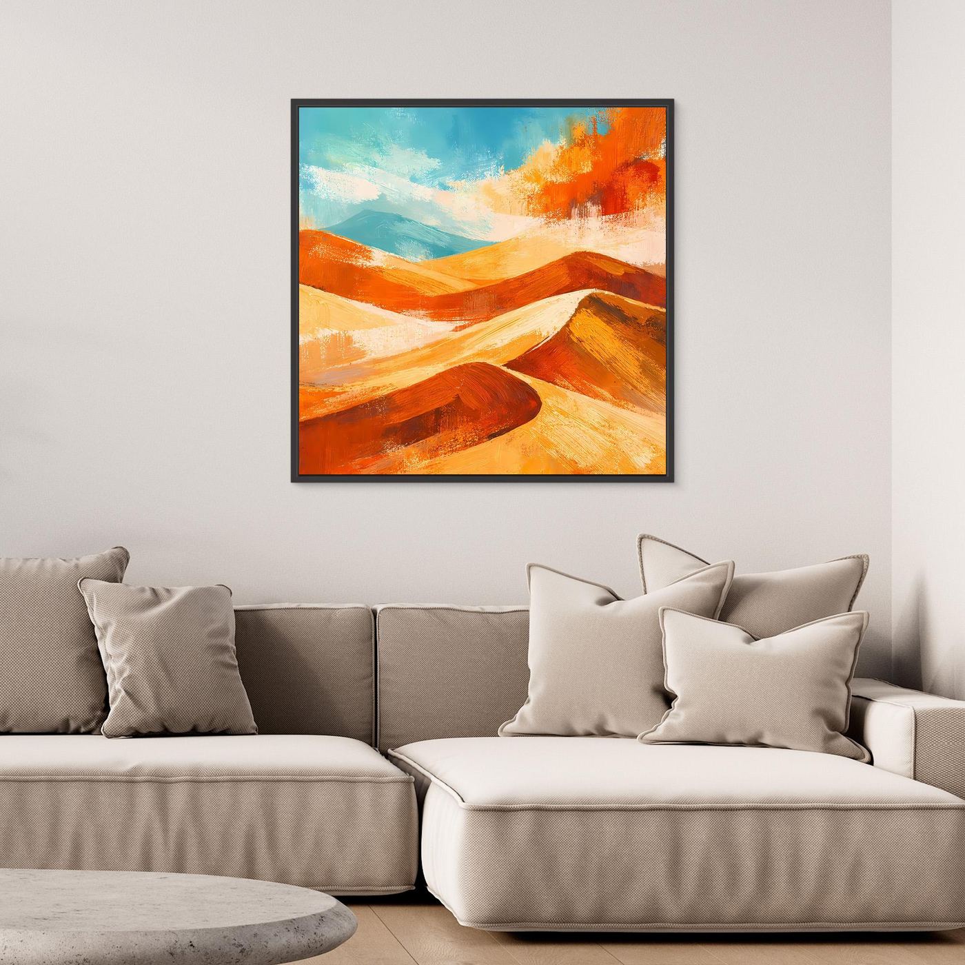 Abstract desert landscape canvas wall art with orange and gold dunes and a black frame