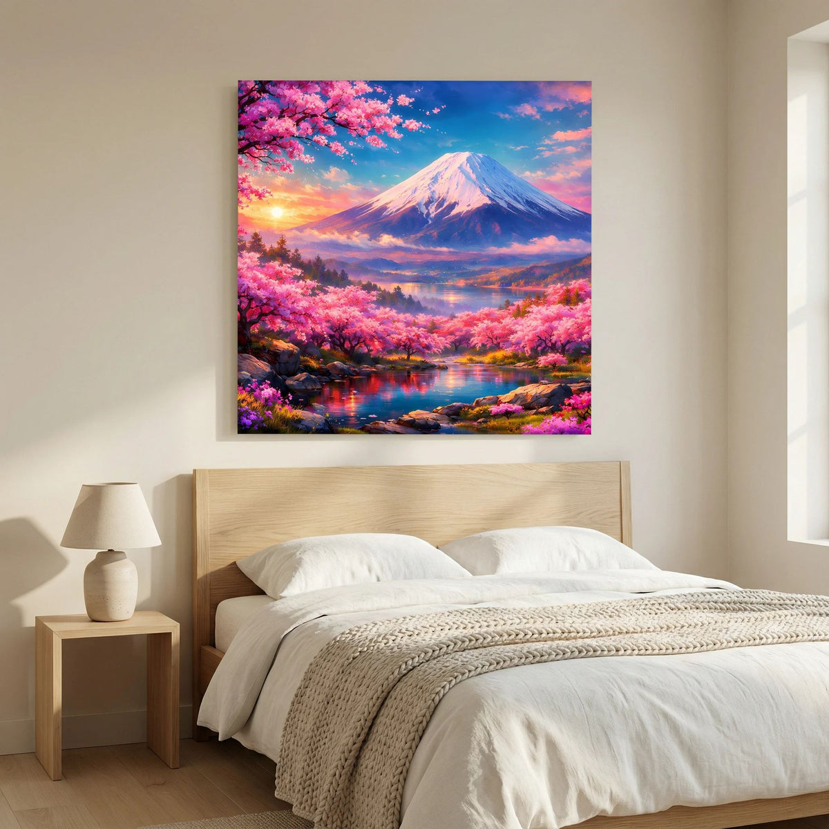 Quadratisches Leinwandbild auf Holzkeilrahmen mit Fuji, rosa Blüten am Ufer und Wasserreflexionen