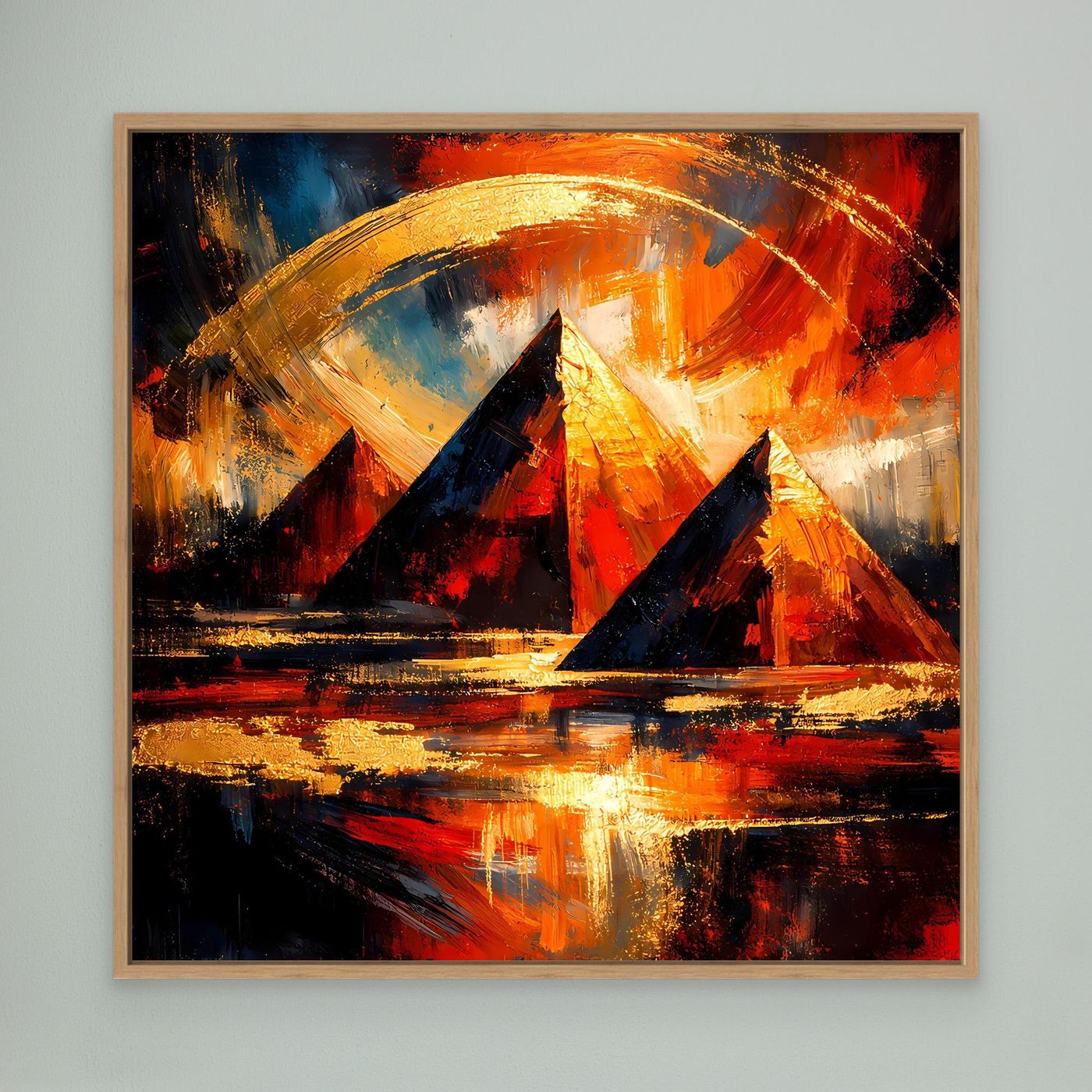 Leinwandbild mit abstrakten Pyramiden in Gold-Orange, im Eichenrahmen