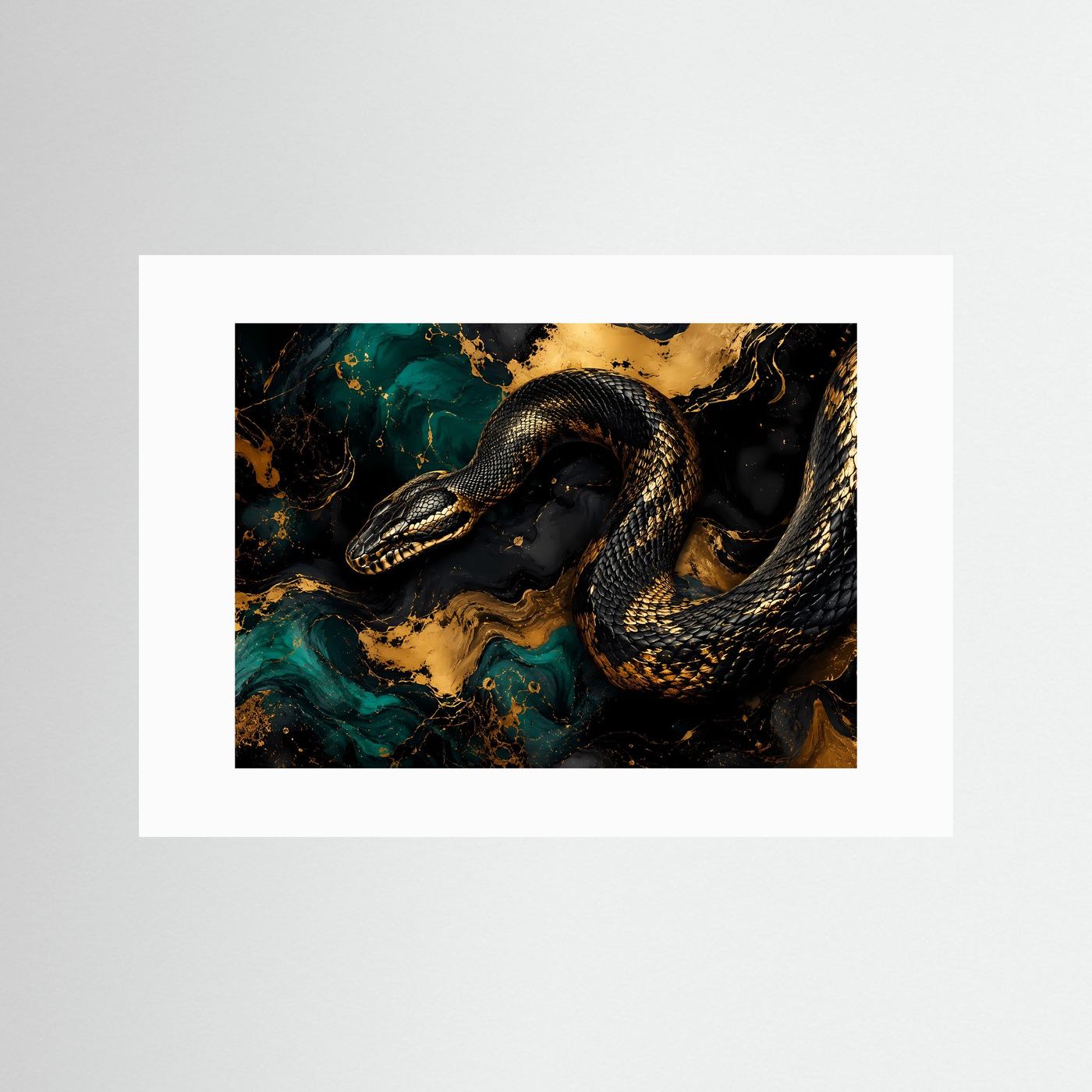 Majestätische Schlange in Gold & Schwarz | Modernes Wandbild mit Fluid Art & Tier-Motiv